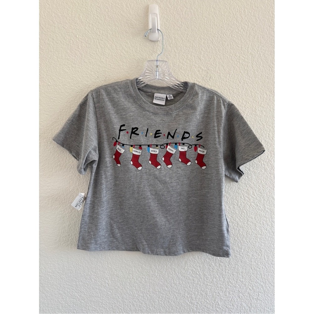 Friends Gray Christmas Crop Top with Red Stocking, Names and Lights Graphic